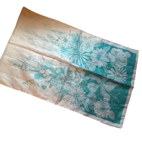 Vintage Aqua Floral Long Scarf Daisy Roses Dreamy 1980’s Sash Whimsical Romance - Thumbnail 3