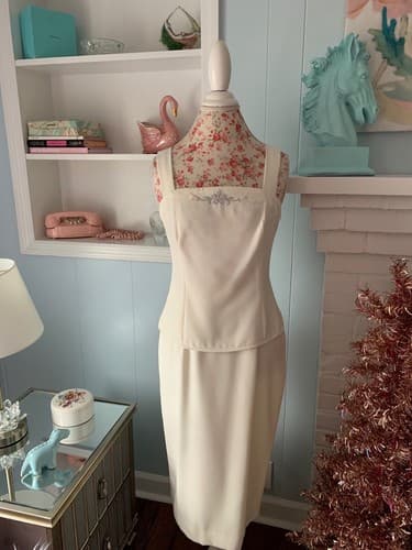 Vintage Womens Skirt Suit Pearl & Sequin Camisole Tank Top Embroidered Pink Aqua - Thumbnail 7