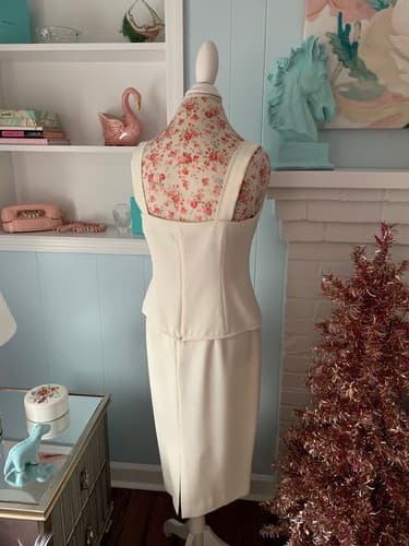 Vintage Womens Skirt Suit Pearl & Sequin Camisole Tank Top Embroidered Pink Aqua - Thumbnail 2