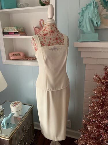 Vintage Womens Skirt Suit Pearl & Sequin Camisole Tank Top Embroidered Pink Aqua - Thumbnail 6