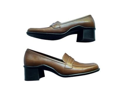 Y2k Vintage 5.5 Brown Leather Loafers Shoes Boho Chunky Square Toe Block Heels - Thumbnail 8