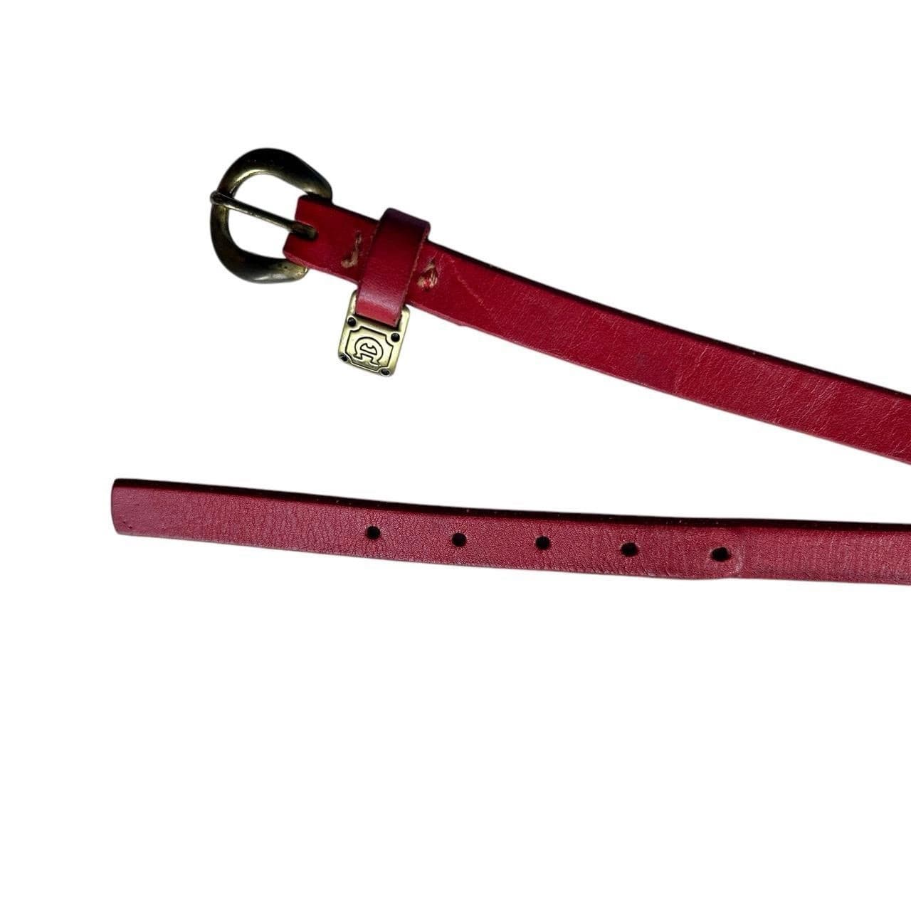 Vintage Etienne AIGNER Red Skinny Leather Logo Belt Gold Brass Rockabilly - Thumbnail 5