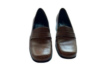 Y2k Vintage 5.5 Brown Leather Loafers Shoes Boho Chunky Square Toe Block Heels - Thumbnail 7
