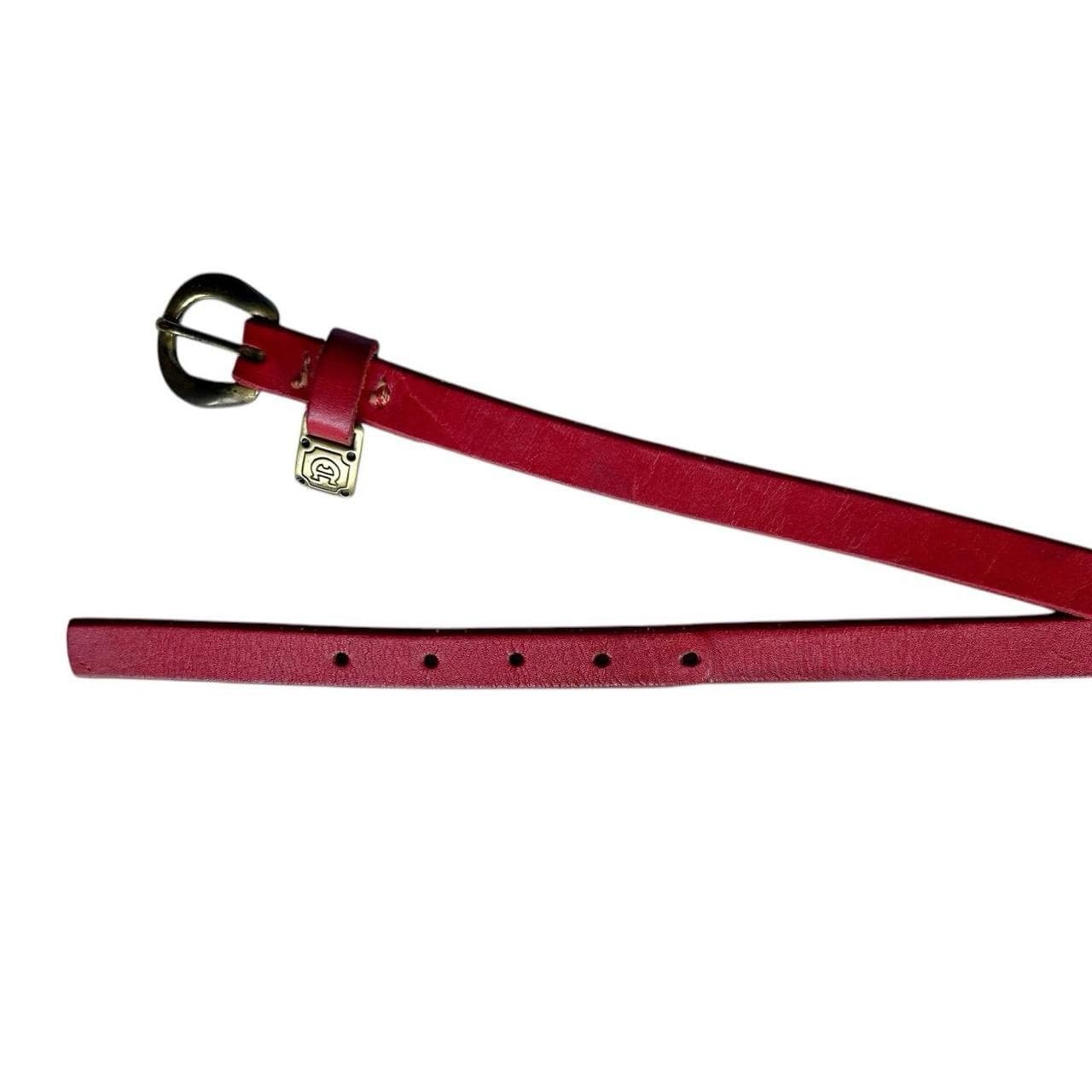 Vintage Etienne AIGNER Red Skinny Leather Logo Belt Gold Brass Rockabilly - Thumbnail 3