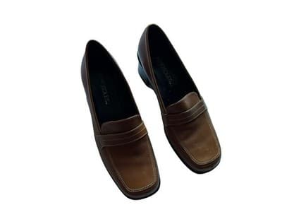 Y2k Vintage 5.5 Brown Leather Loafers Shoes Boho Chunky Square Toe Block Heels - Thumbnail 2