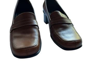 Y2k Vintage 5.5 Brown Leather Loafers Shoes Boho Chunky Square Toe Block Heels - Thumbnail 3