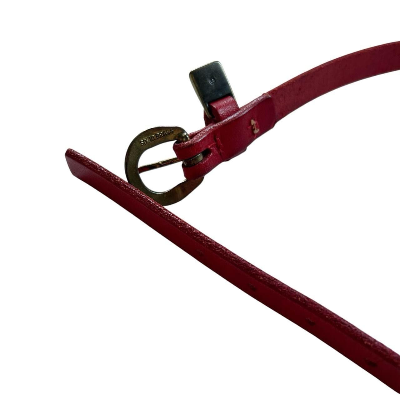 Vintage Etienne AIGNER Red Skinny Leather Logo Belt Gold Brass Rockabilly - Thumbnail 6