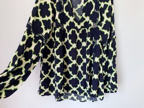 Crown & Ivy 0X Top Navy Blue Green Flowy Shirt Blouson Sleeves Plus Size - Thumbnail 4