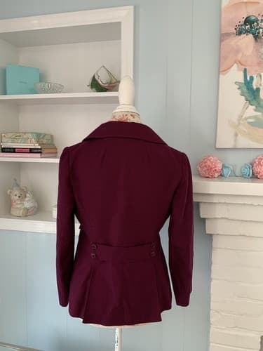 Vintage Women’s Jacket Wine Burgundy Wool Peplum Pleated Double Breasted Fitted - Thumbnail 3