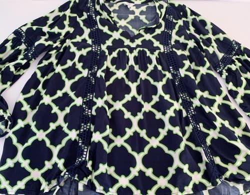 Crown & Ivy 0X Top Navy Blue Green Flowy Shirt Blouson Sleeves Plus Size - Thumbnail 2