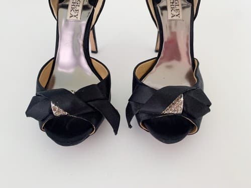 Badgley Mischka Elegant Glam Shoes 5.5 Black Satin Rhinestone Toe - Thumbnail 5