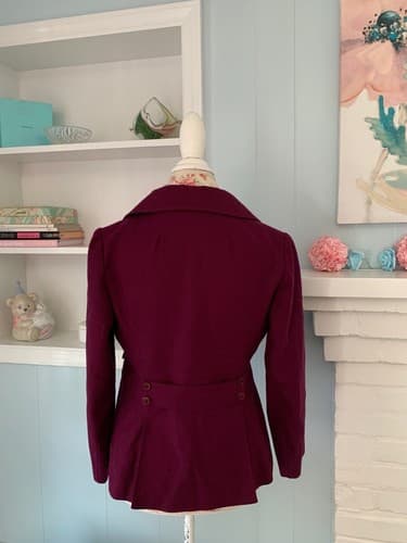 Vintage Women’s Jacket Wine Burgundy Wool Peplum Pleated Double Breasted Fitted - Thumbnail 4