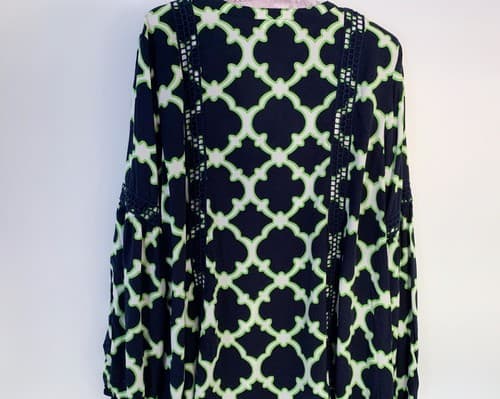 Crown & Ivy 0X Top Navy Blue Green Flowy Shirt Blouson Sleeves Plus Size - Thumbnail 3