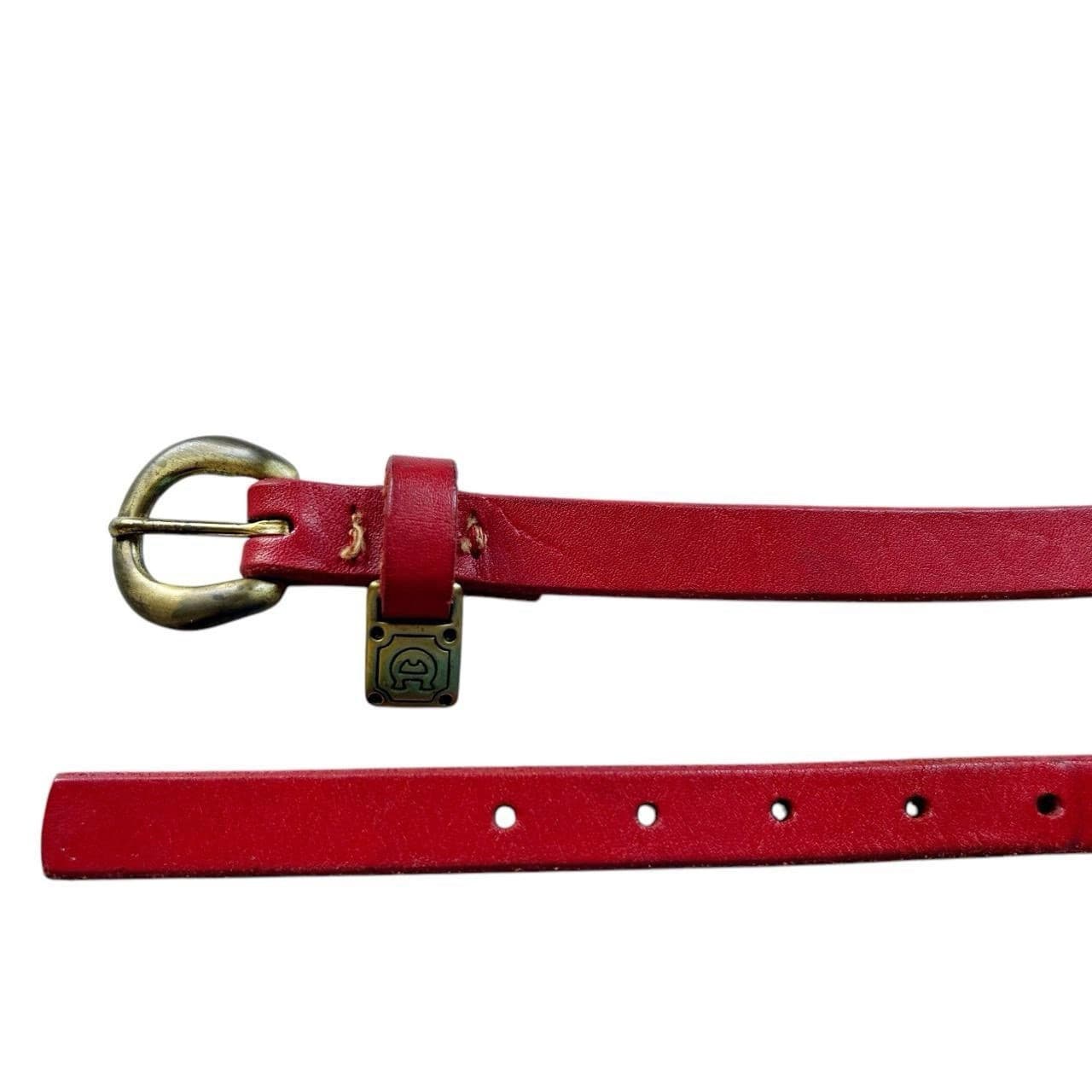 Vintage Etienne AIGNER Red Skinny Leather Logo Belt Gold Brass Rockabilly - Thumbnail 2