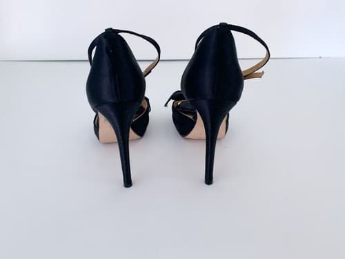 Badgley Mischka Elegant Glam Shoes 5.5 Black Satin Rhinestone Toe - Thumbnail 2