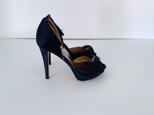 Badgley Mischka Elegant Glam Shoes 5.5 Black Satin Rhinestone Toe - Thumbnail 4