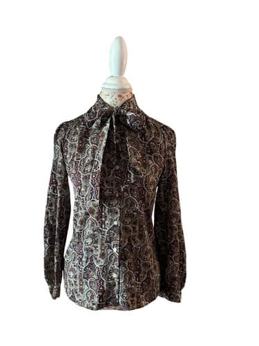 Vtg Brown Fall Blouse Women Bow Neck Old Money Volup Boho Shirt Top By Panther - Thumbnail 11