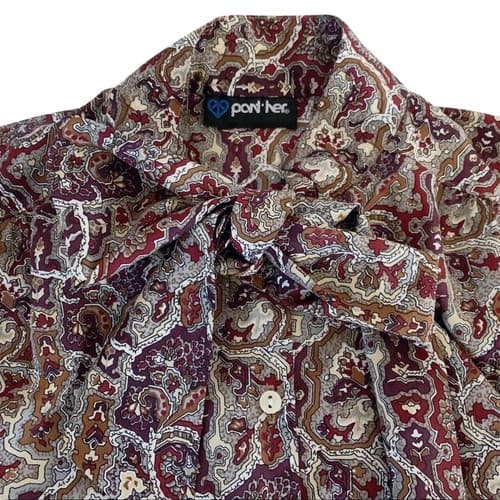 Vtg Brown Fall Blouse Women Bow Neck Old Money Volup Boho Shirt Top By Panther - Thumbnail 2