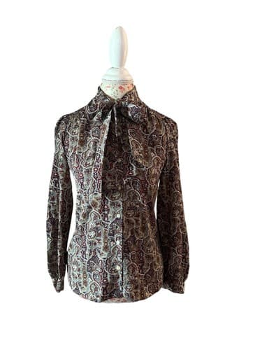 Vtg Brown Fall Blouse Women Bow Neck Old Money Volup Boho Shirt Top By Panther - Thumbnail 8
