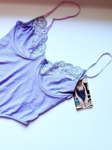 Lavender Purple Pin Striped Lace Romper Bodysuit Teddy Lingerie One Piece S NWT - Thumbnail 4