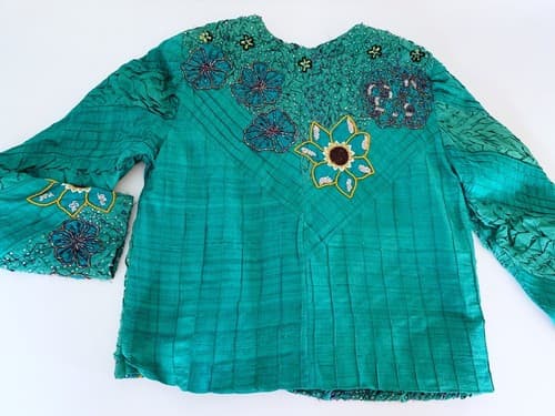 Sandy Starkman Beaded Silk Jacket Teal Green Daisy Floral Orange Purple S - Thumbnail 4