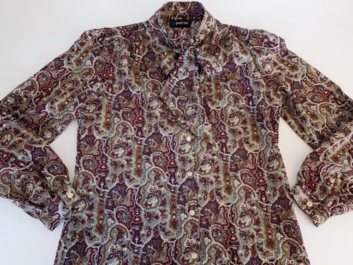 Vtg Brown Fall Blouse Women Bow Neck Old Money Volup Boho Shirt Top By Panther - Thumbnail 4