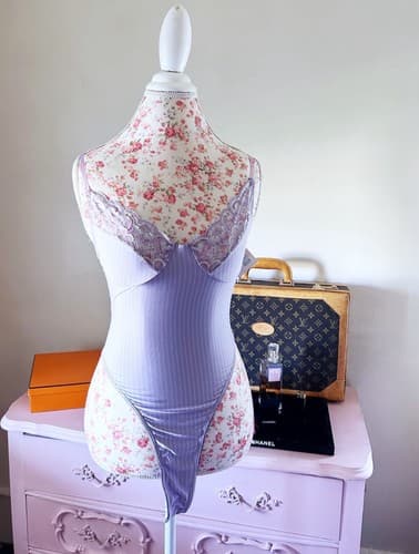 Lavender Purple Pin Striped Lace Romper Bodysuit Teddy Lingerie One Piece S NWT - Thumbnail 7