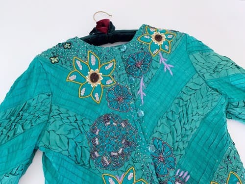 Sandy Starkman Beaded Silk Jacket Teal Green Daisy Floral Orange Purple S - Thumbnail 3