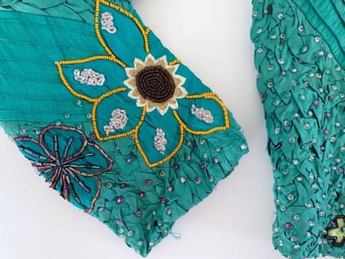 Sandy Starkman Beaded Silk Jacket Teal Green Daisy Floral Orange Purple S - Thumbnail 6