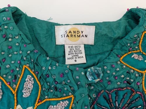 Sandy Starkman Beaded Silk Jacket Teal Green Daisy Floral Orange Purple S - Thumbnail 5