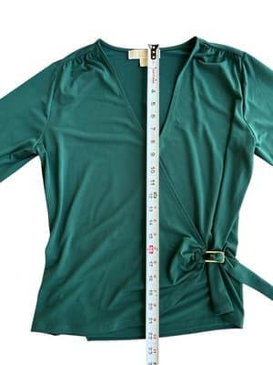 Michael Kors Green Wrap Top Shirt Medium Gold Logo Y2K Ruched Size Medium Blouse - Thumbnail 2