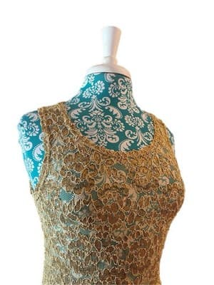 Medium Vintage Lew Magrum Skinny Fit Fitted Gold Lace Top Camisole Stretch - Thumbnail 4