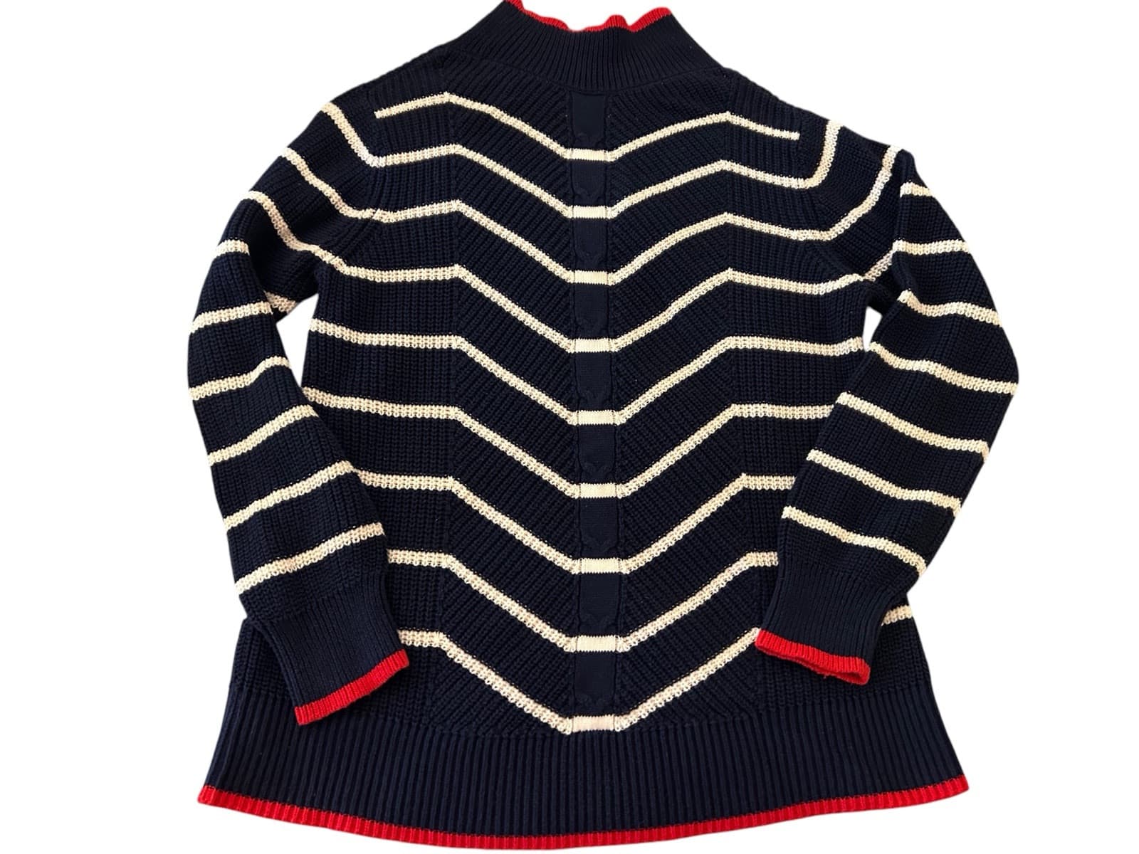 Crown & Ivy Navy Blue Red Chevron 100% Cotton Sweater Soft Spring Preppy Top - Thumbnail 2