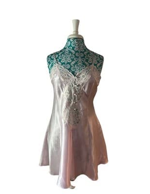 Vintage Pastel Pink Chemise Slip Glossy Satin Fairycore Lingerie Babydoll Dress - Thumbnail 3