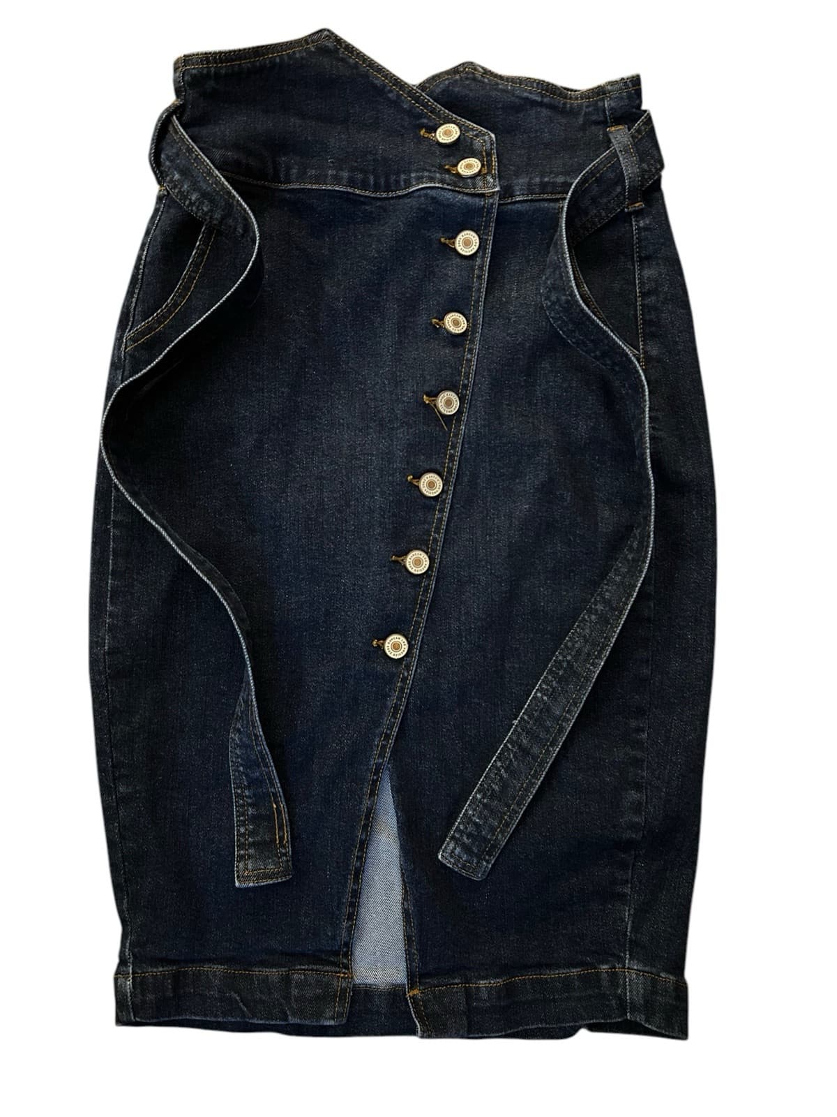 Kancan Dark Blue Wash High Waist New Wave Denim Blue Jean Belted Pencil Skirt - Thumbnail 2