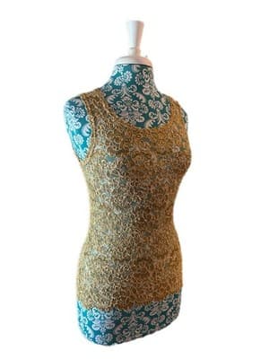 Medium Vintage Lew Magrum Skinny Fit Fitted Gold Lace Top Camisole Stretch - Thumbnail 2