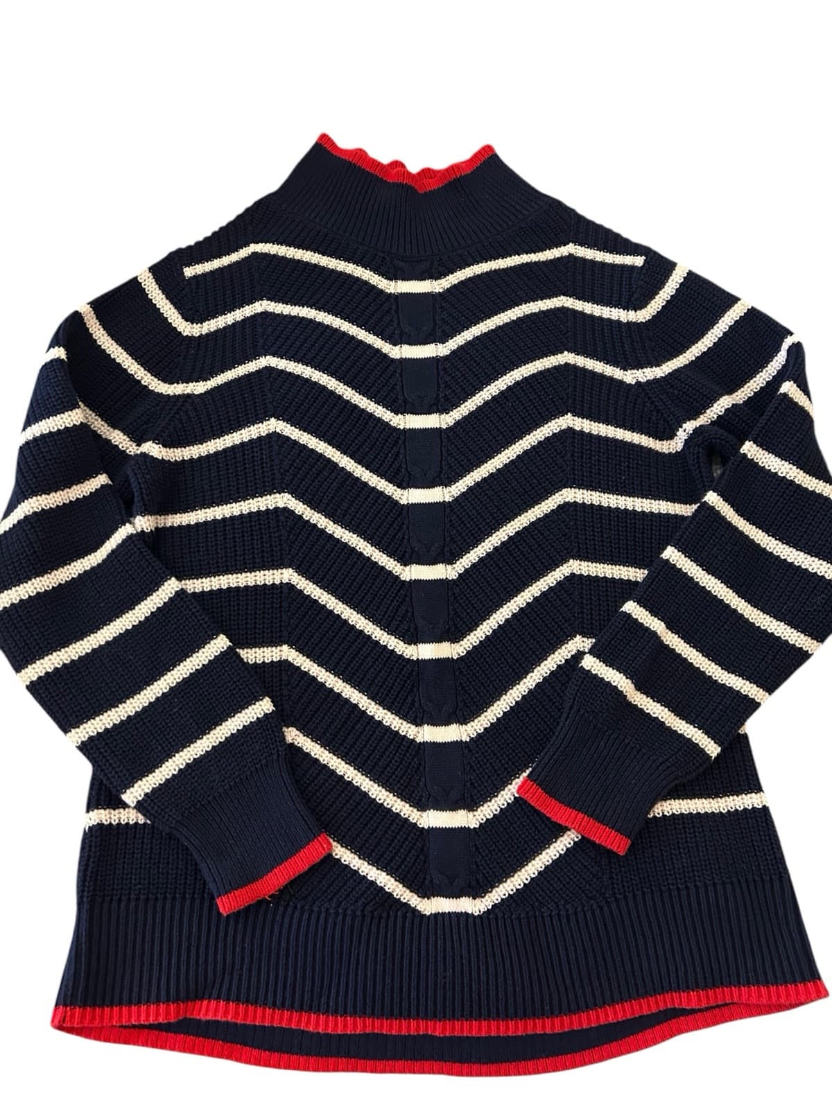 Crown & Ivy Navy Blue Red Chevron 100% Cotton Sweater Soft Spring Preppy Top - Thumbnail 4