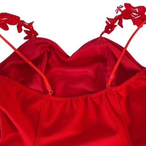 Red Top S/M Floral Appliqué Straps Peplum Style Rockabilly Blouse Top Shirt - Thumbnail 3