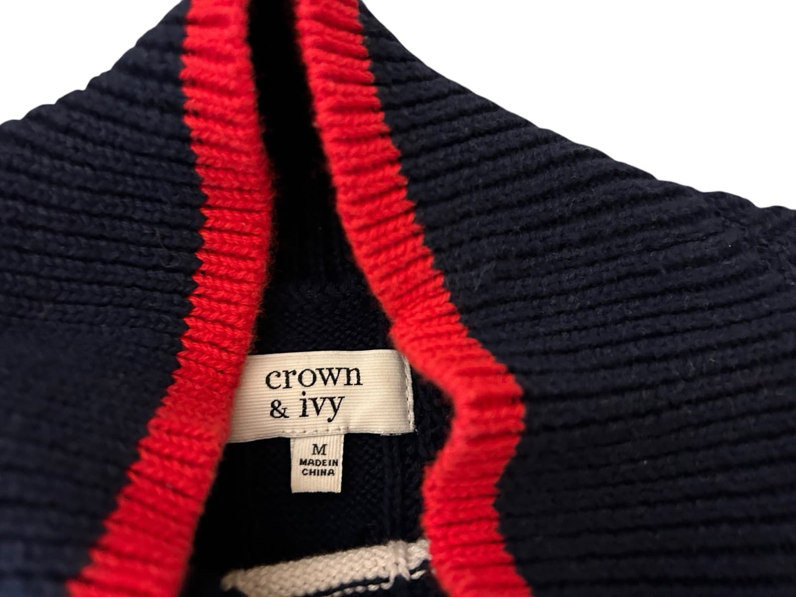 Crown & Ivy Navy Blue Red Chevron 100% Cotton Sweater Soft Spring Preppy Top - Thumbnail 9