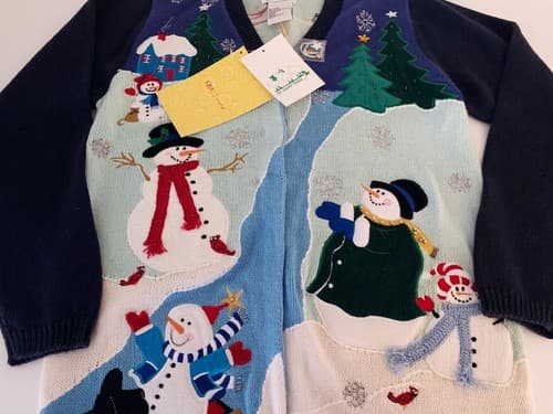 New Quacker Factory Hidden Button Cardigan Sweater PLAYING SNOWMEN XS Christmas - Thumbnail 2