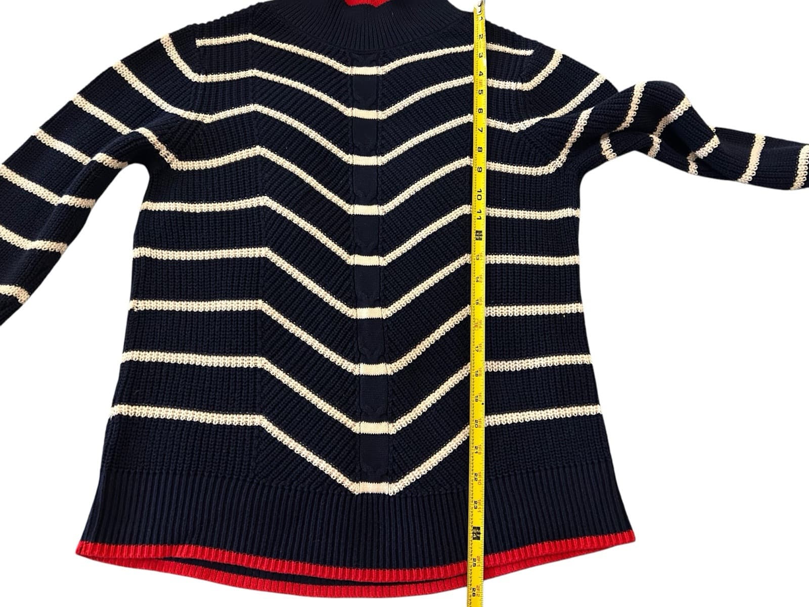 Crown & Ivy Navy Blue Red Chevron 100% Cotton Sweater Soft Spring Preppy Top - Thumbnail 7