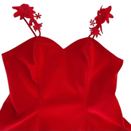Red Top S/M Floral Appliqué Straps Peplum Style Rockabilly Blouse Top Shirt - Thumbnail 2