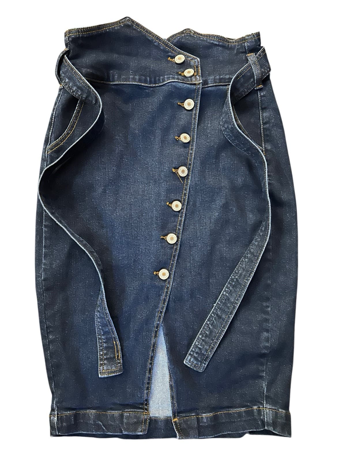 Kancan Dark Blue Wash High Waist New Wave Denim Blue Jean Belted Pencil Skirt - Thumbnail 3