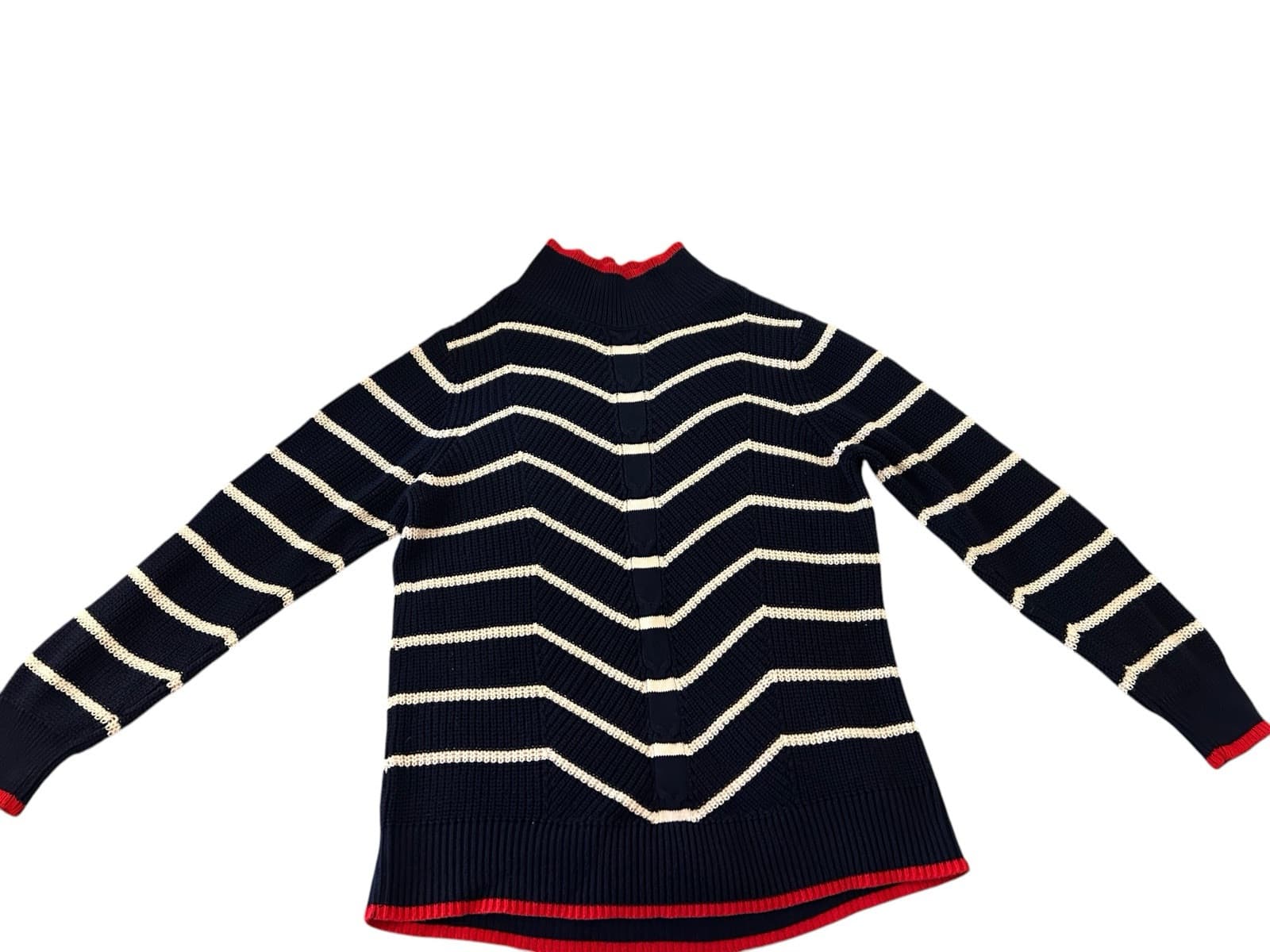 Crown & Ivy Navy Blue Red Chevron 100% Cotton Sweater Soft Spring Preppy Top - Thumbnail 3