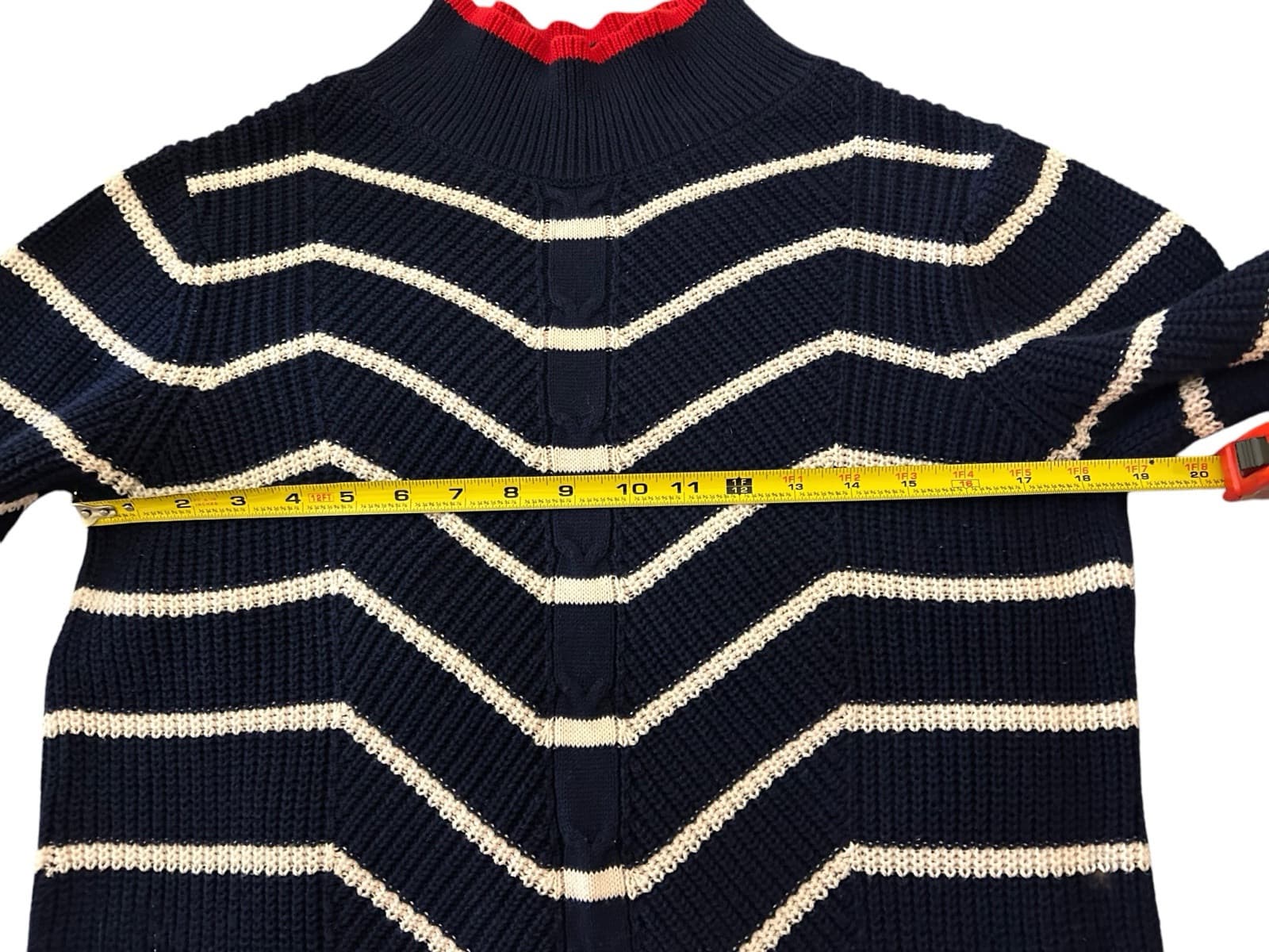 Crown & Ivy Navy Blue Red Chevron 100% Cotton Sweater Soft Spring Preppy Top - Thumbnail 6