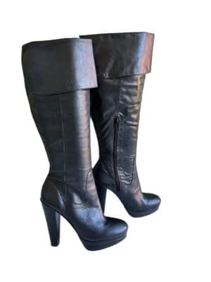 Size 7.5 Vintage Y2K Black Tall Genuine Leather Platform Boots Carlos Santana - Thumbnail 2