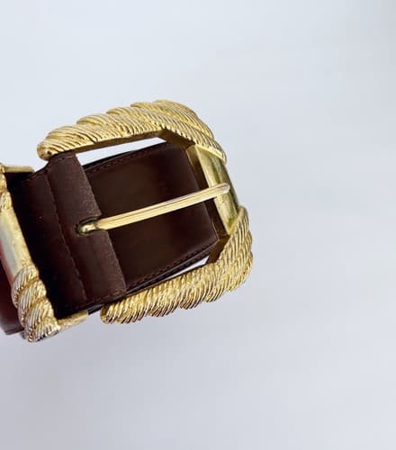 Vintage Ann Taylor Brown Genuine Leather Belt Large Boho Fall Glam Gold Buckle - Thumbnail 3