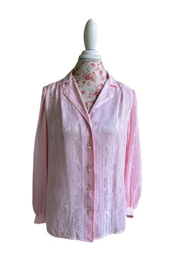 Vintage Pastel Pink Women’s Blouse Puffed Sleeves 1980’s Romantic Silky Shirt 10 - Thumbnail 3