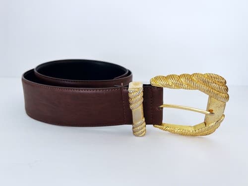 Vintage Ann Taylor Brown Genuine Leather Belt Large Boho Fall Glam Gold Buckle - Thumbnail 5
