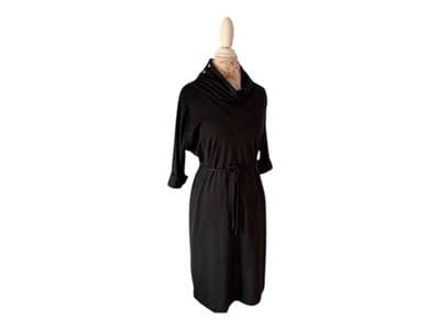 Vintage 1970’s Dress Black By Doo~Dads Button Cowl Neck Neat Fit Belted 1980’s - Thumbnail 9